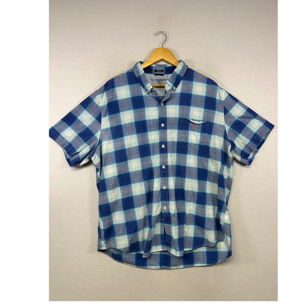 Preppy U.S. Polo Assn Mens 3XL Blue Plaid Stretch Short Sleeve Button Down Shirt